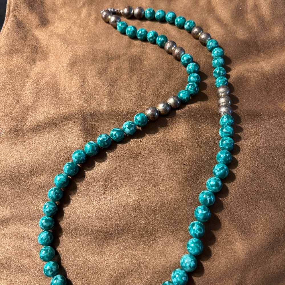 Turquoise Colored Bead Necklace with Metallic Accents